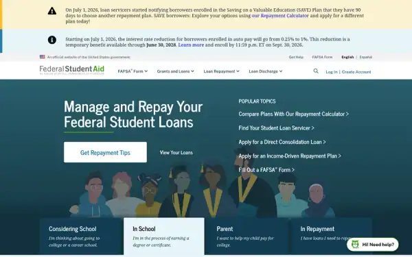Federal Student Aid homepage screenshot