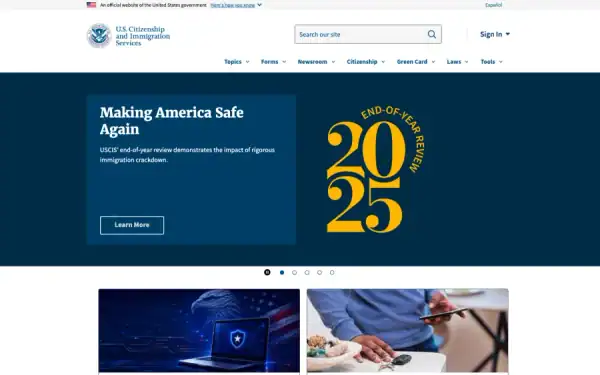 U.S. Citizenship & Immigration homepage screenshot