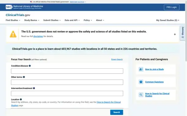 ClinicalTrials.gov homepage screenshot