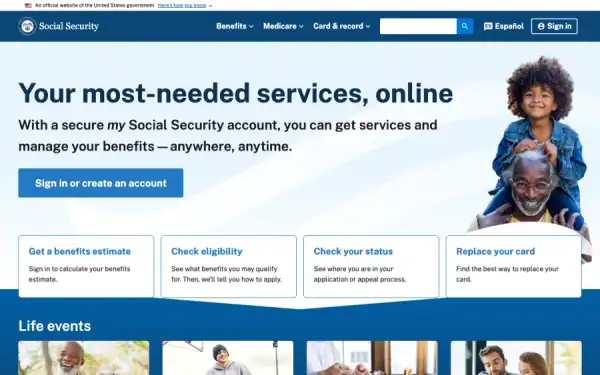 Social Security homepage screenshot