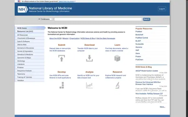 National Center for Biotechnology Information homepage screenshot
