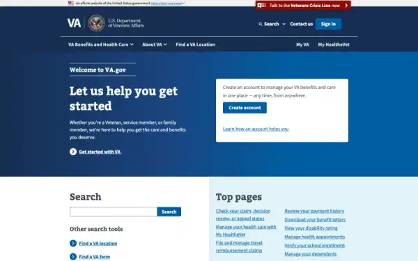 Veterans Affairs homepage screenshot